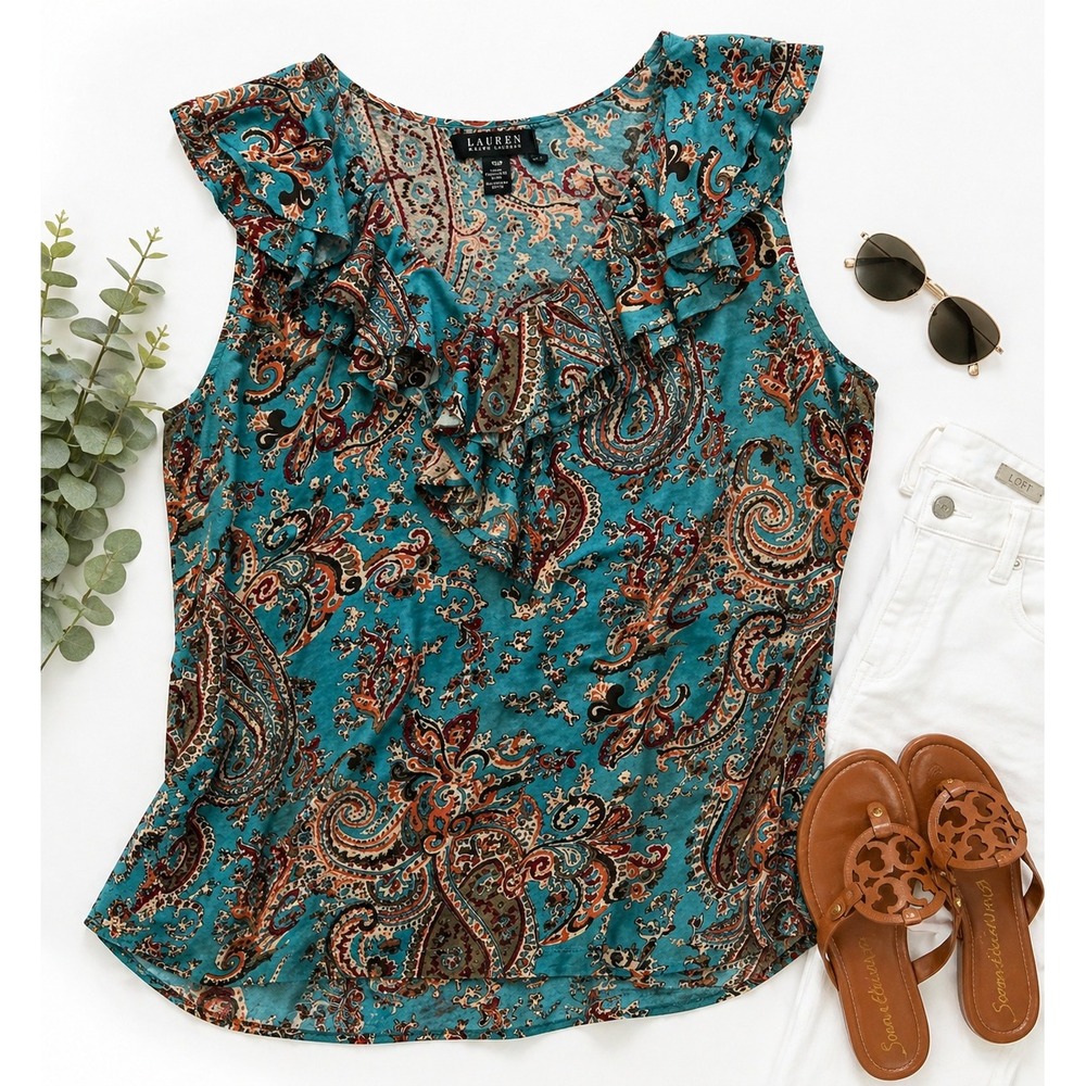 Lauren Ralph Lauren Paisley Ruffle Sleeveless Blouse XL Boho Cotton - Picture 2 of 9